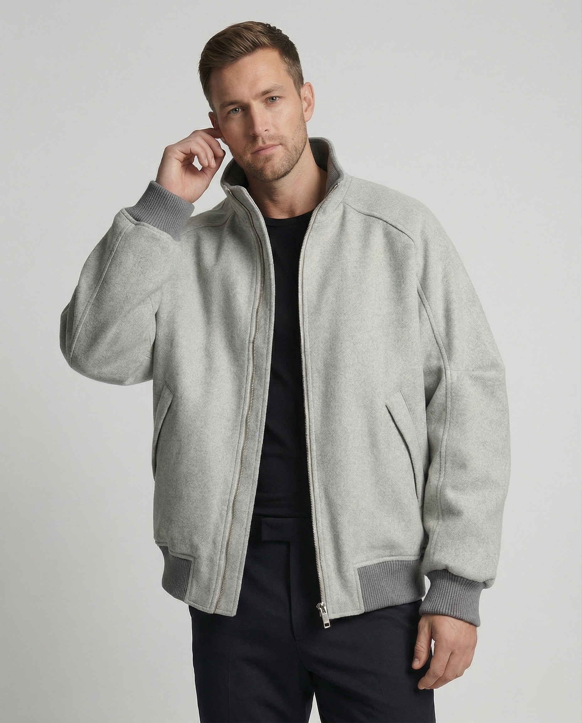 Herren Oversize-Wollmix-Blouson mit hohem Stehkragen verdecktem Zweiwege-Reißverschluss und gerippten Ärmelbündchen R&B