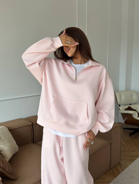 Damen lässiges Fleece-Set mit hochgeschlossenem Reißverschluss und weiten Beinen R&B
