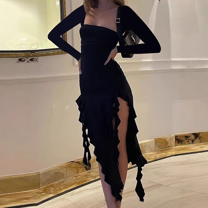 Damen elegantes und figurbetontes Abendkleid mit Rüschen und abgestimmtem Oberteil R&B