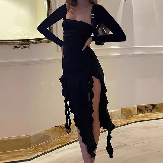 Damen elegantes und figurbetontes Abendkleid mit Rüschen und abgestimmtem Oberteil R&B