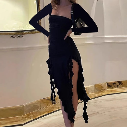 Damen elegantes und figurbetontes Abendkleid mit Rüschen und abgestimmtem Oberteil R&B