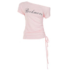Damen Off-Shoulder T-Shirt mit Raffungen und modischem Schriftzug R&B