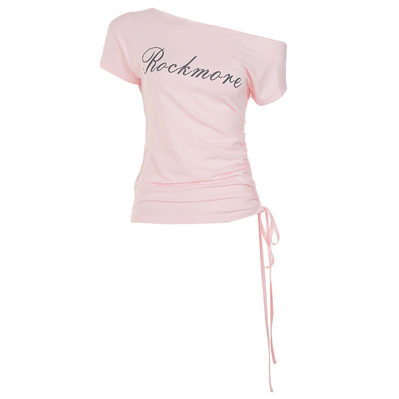 Damen Off-Shoulder T-Shirt mit Raffungen und modischem Schriftzug R&B