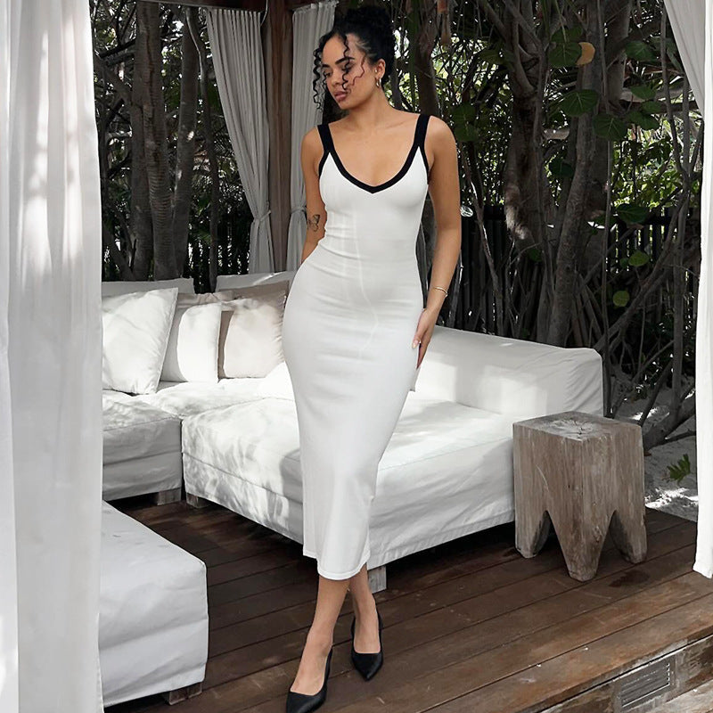 Damen Figurbetontes Midikleid mit tiefem V-Ausschnitt und kontrastierenden Trägern R&B
