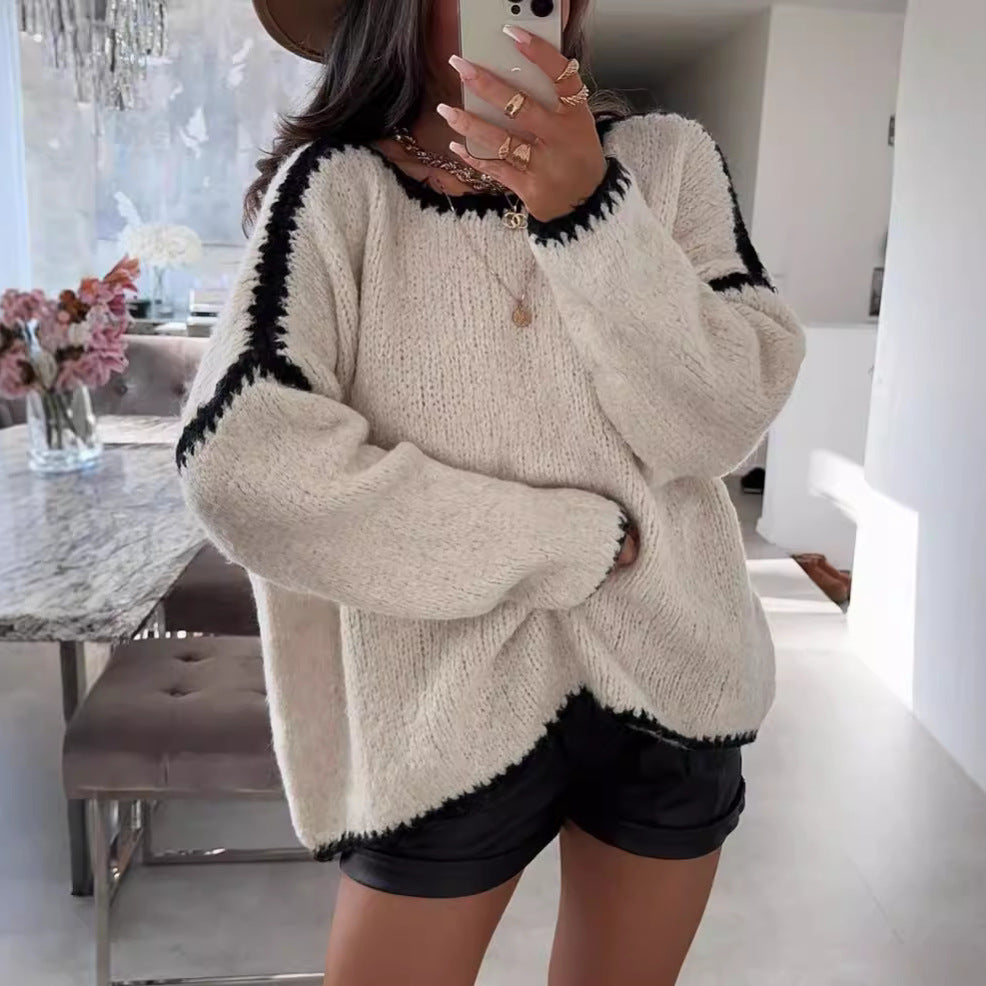 Damen Grobstrickpullover mit kontrastierendem Abschluss und lockerem Schnitt R&B