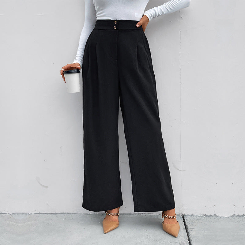 Damen elegante Hochtaillen-Breite Hose mit strukturiertem Stoff und dekorativen Knopfdetails R&B