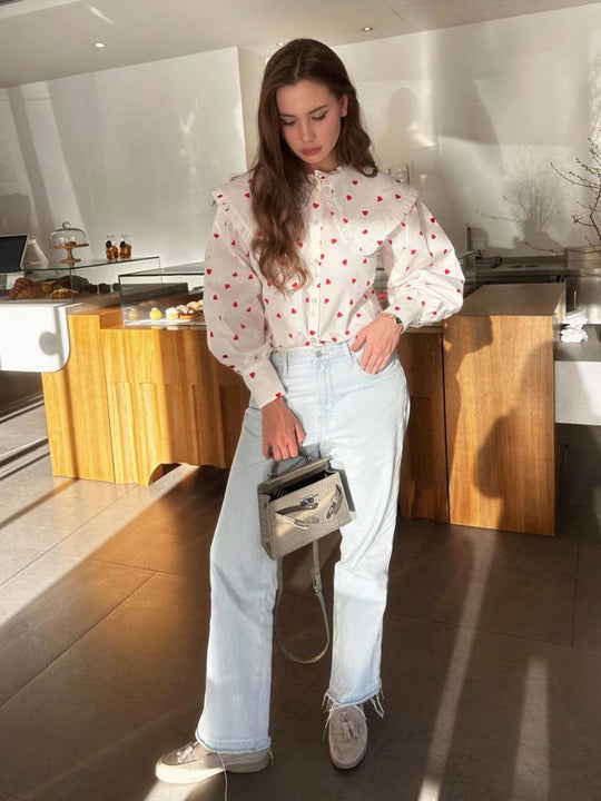 Damen Bluse mit Herzmuster und Rüschendetails R&B