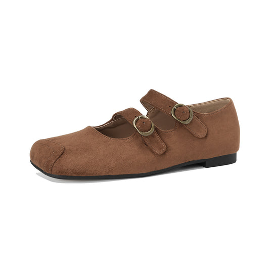 Damen Ballerinas mit doppeltem Schnallenverschluss und weichem Nubukleder R&B