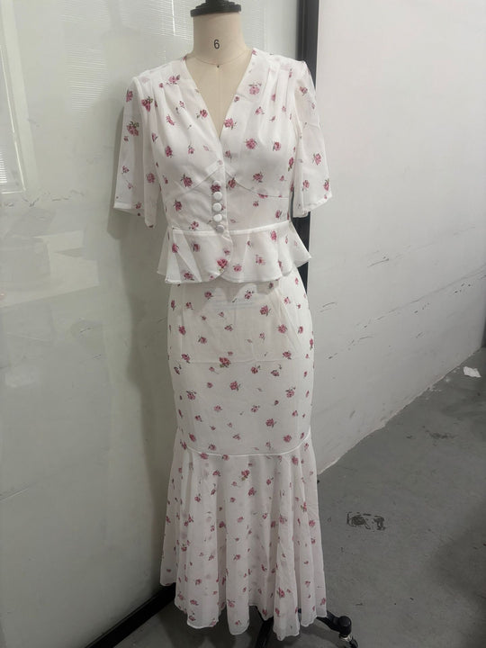 Damen Elegantes Maxikleid mit Puffärmeln und Rüschen R&B