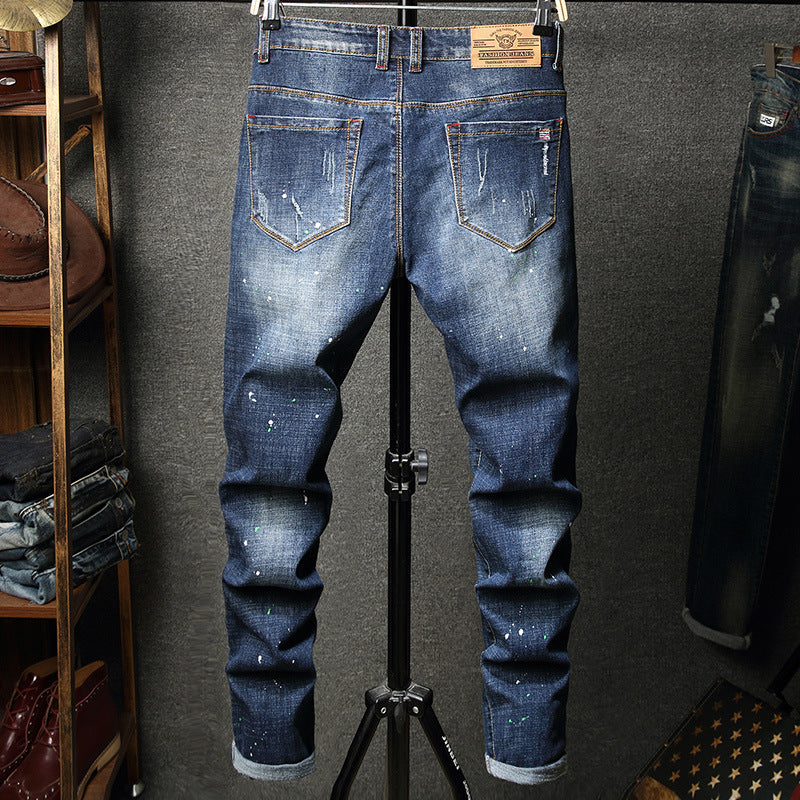 Herren Ripped Slim Fit Jeans mit kreativen Farbklecksen und modischem Destroyed-Look R&B
