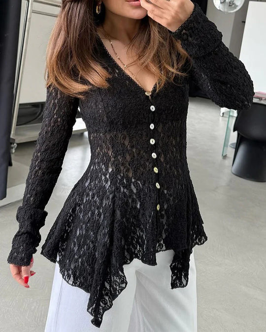 Damen romantische Spitzenbluse mit asymmetrischem Saum und Knopfdetails R&B