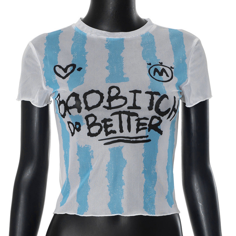 Damen Crop-Top mit kreativem Grafikdruck und figurbetontem Schnitt R&B