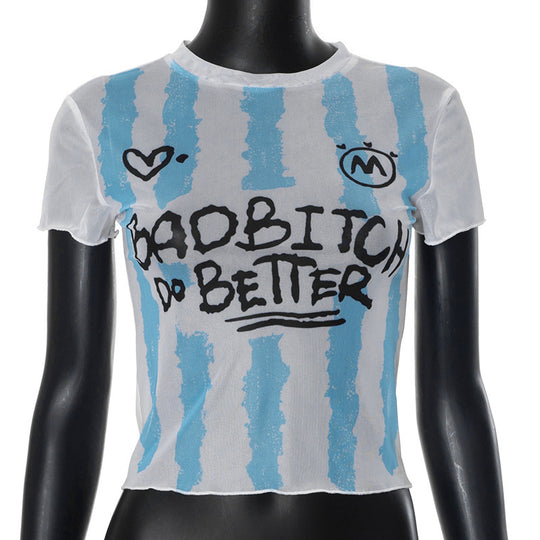 Damen Crop-Top mit kreativem Grafikdruck und figurbetontem Schnitt R&B