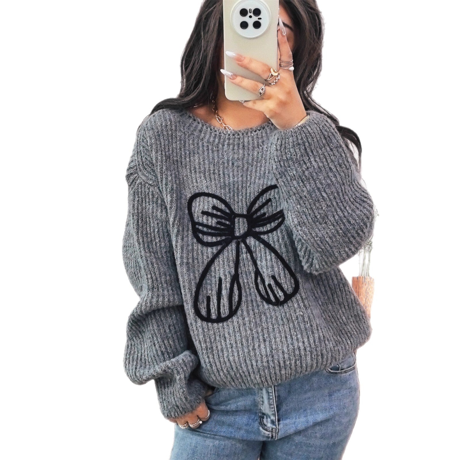 Damen Grobstrickpullover mit verspieltem Schleifenmotiv R&B