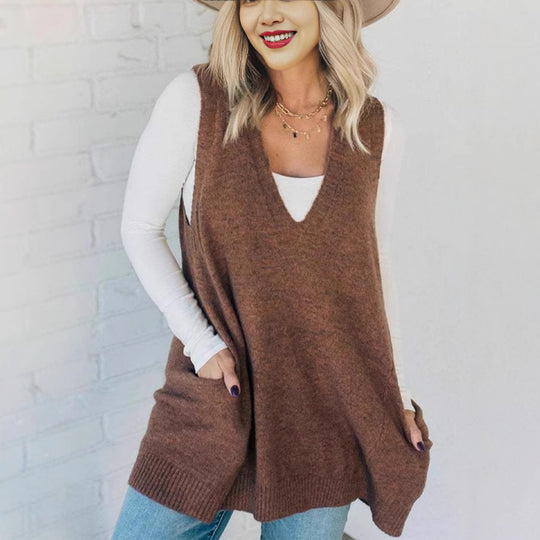 Damen Bequemer Strick-Poncho mit seitlichen Taschen R&B