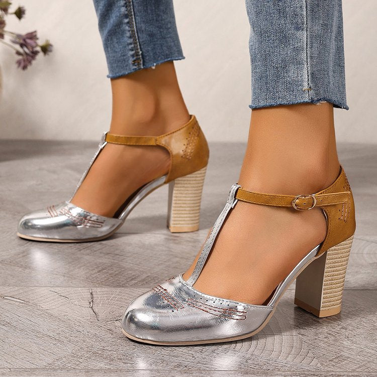 Damen elegante T-Strap Sandalen mit Blockabsatz R&B