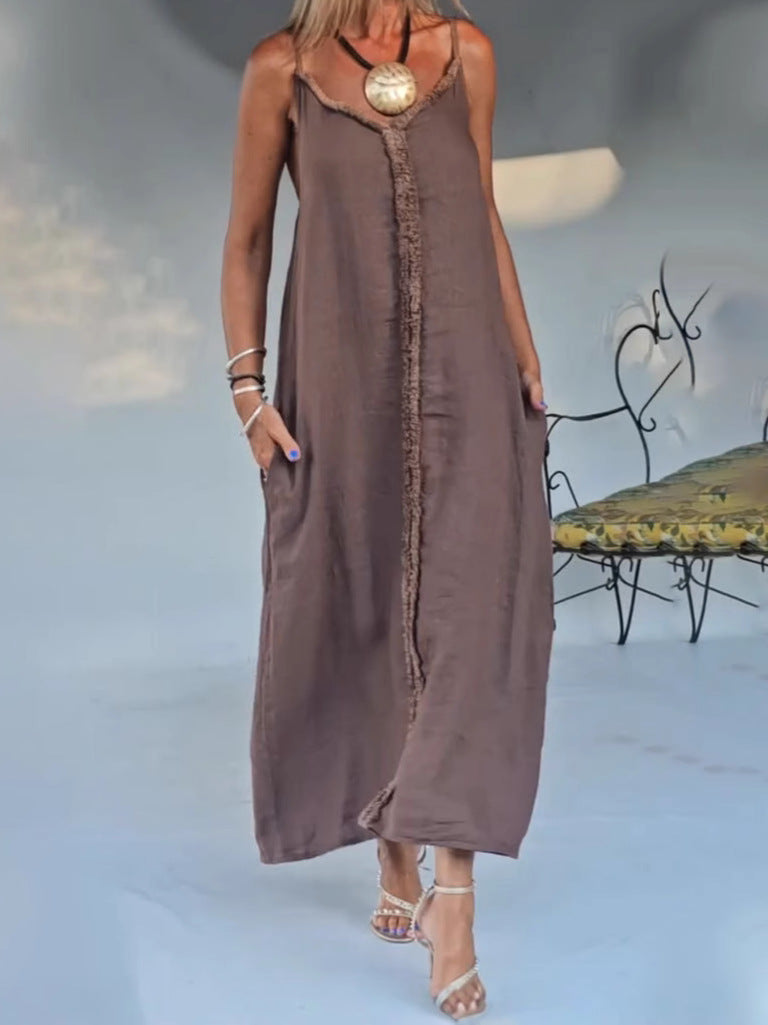 Damen Maxikleid mit feinen Fransen und praktischen Seitentaschen Heidi-Mode