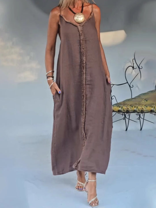 Damen Maxikleid mit feinen Fransen und praktischen Seitentaschen Heidi-Mode