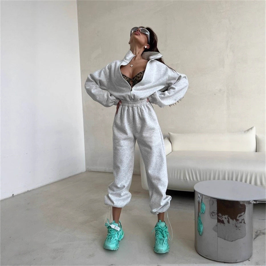 Damen sportlicher Fleece-Loungewear-Anzug mit hohem Kragen und elastischem Bund R&B