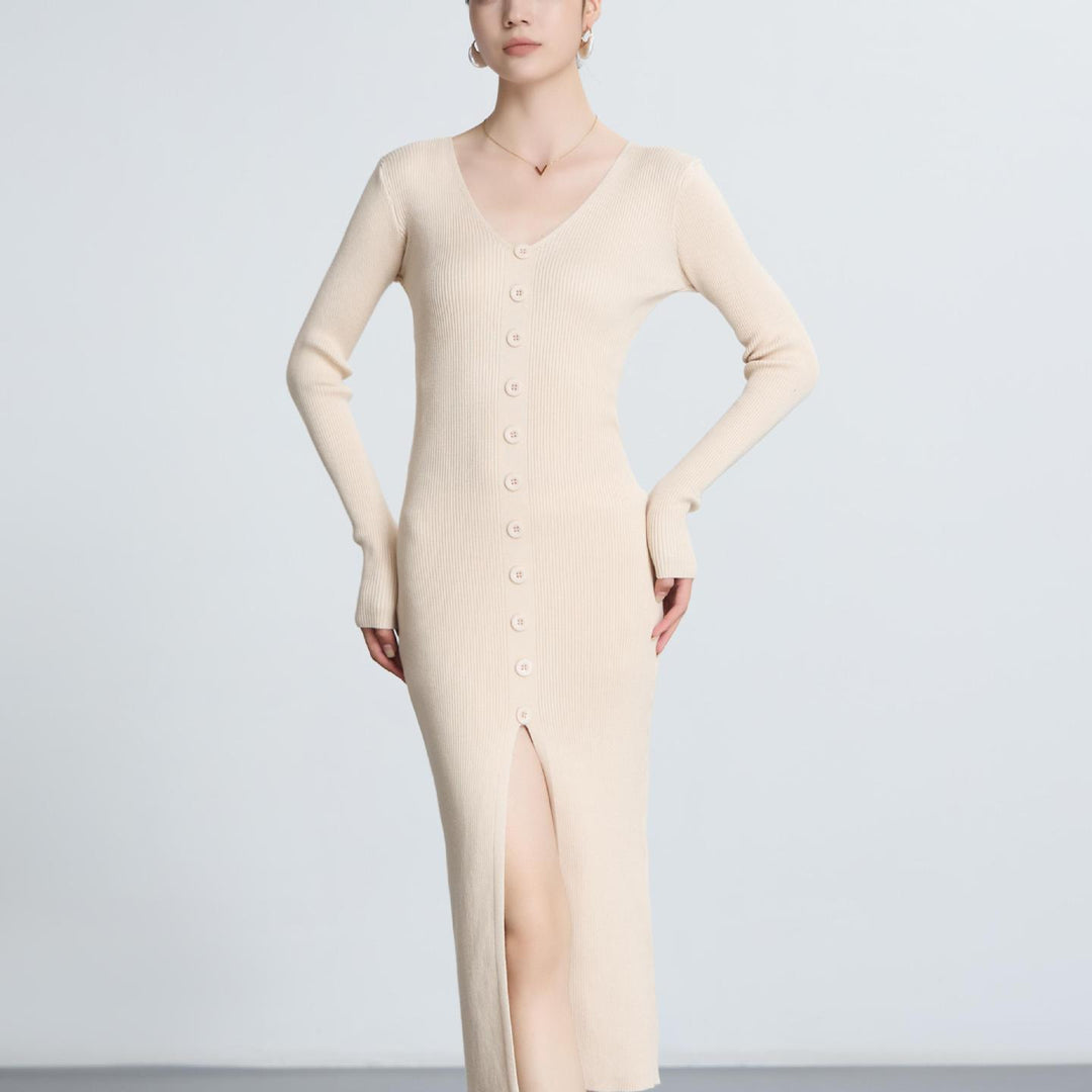 Damen Langes Strickkleid mit V-Ausschnitt und durchgehender Knopfleiste R&B