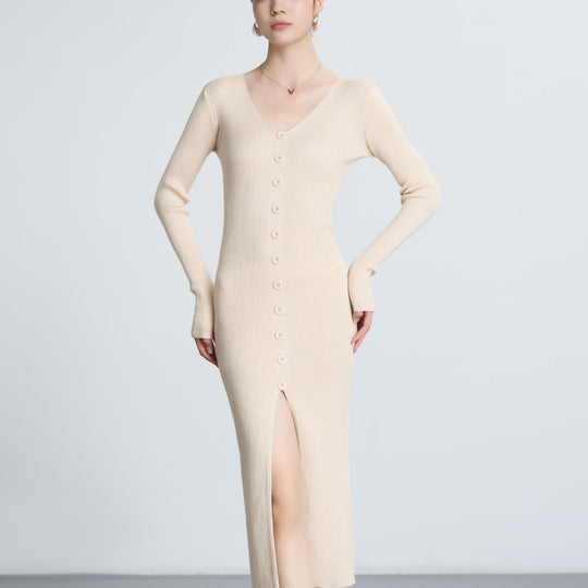 Damen Langärmliges Maxikleid mit Rippstruktur und Knopfdetail R&B