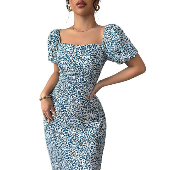 Damen Midikleid mit schulterfreien Puffärmeln und floralem Muster R&B