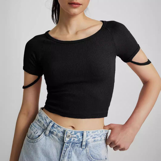 Damen kurzärmliges enganliegendes Crop-Top mit Rundhalsausschnitt R&B