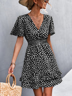 Damen Blümchen Minikleid mit Rüschen und elastischem Taillenbund R&B
