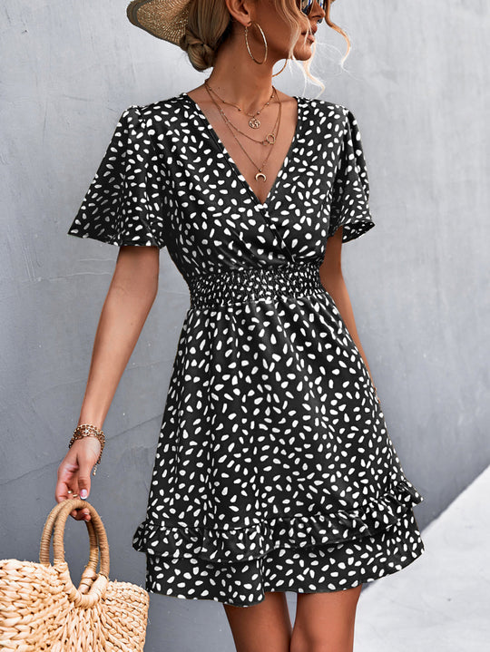 Damen Blümchen Minikleid mit Rüschen und elastischem Taillenbund R&B
