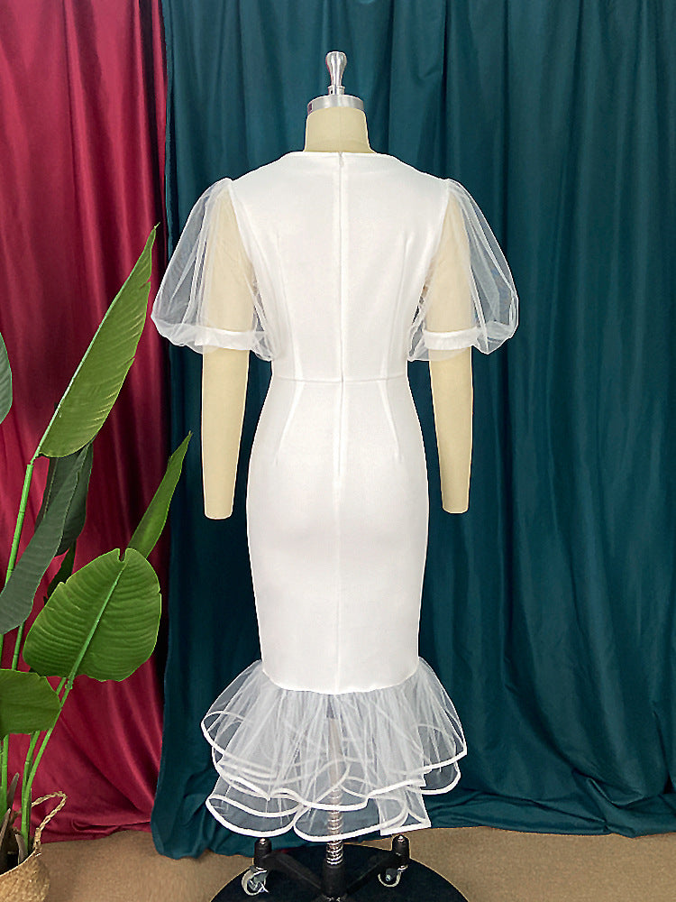 Damen elegantes figurbetontes Kleid mit Tüllärmeln und Rüschenabschluss R&B