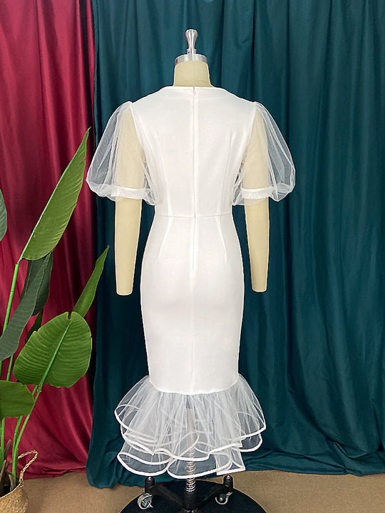 Damen elegantes figurbetontes Kleid mit Tüllärmeln und Rüschenabschluss R&B