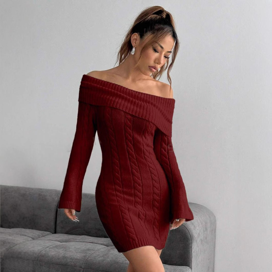 Damen figurbetontes Strickkleid mit weitem Ausschnitt R&B