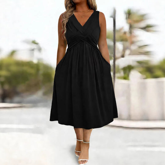 Damen Sommerkleid mit tiefem V-Ausschnitt und Seitentaschen R&B