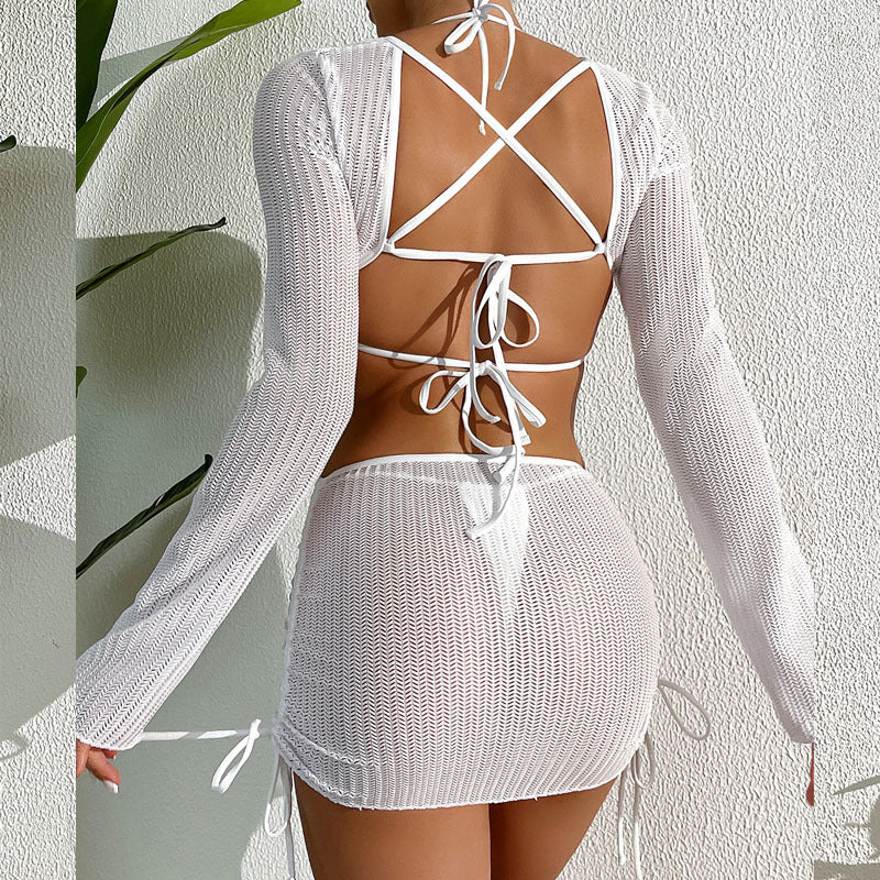 Damen Offener Schnitt Badeanzug mit langen Ärmeln und dekorativem Ring R&B