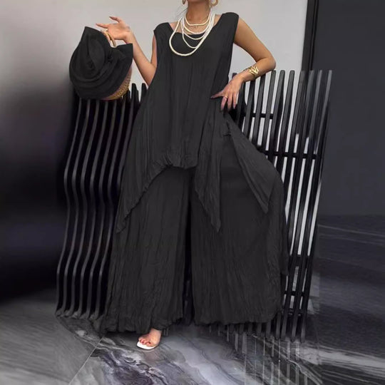 Damen nan luftiger Knitteroptik-Zweiteiler mit ärmelloser Tunika und weiter Palazzo-Hose R&B