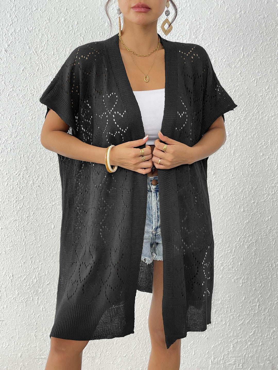 Damen luftiger Strick-Kimono mit floralem Lochmuster R&B