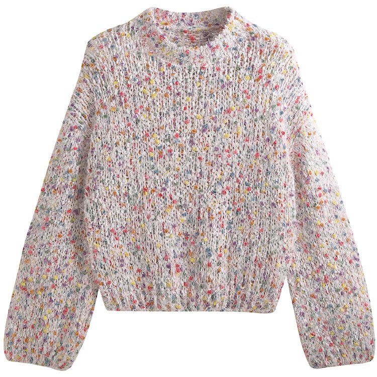 Damen modischer Pullover mit buntem Strukturstrick und Rundhalsausschnitt R&B