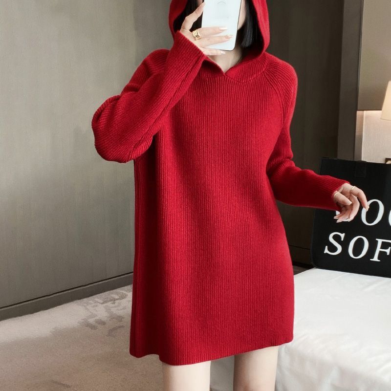 Damen Pulloverkleid mit Kapuze und Rippstruktur