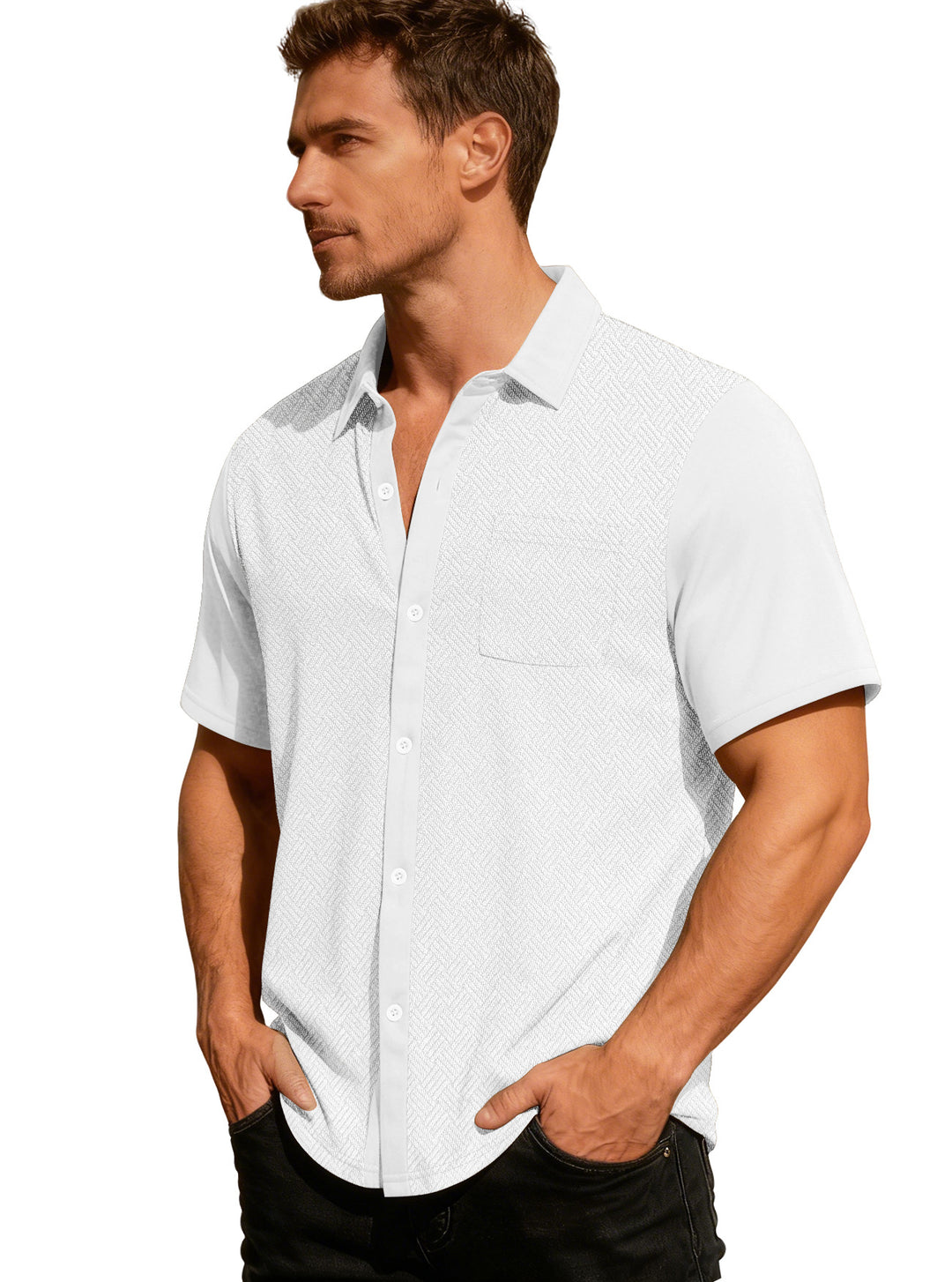 Herren nan legeres Kurzarmhemd mit Jacquardstruktur, kontrastierter Knopfleiste und Brusttasche R&B