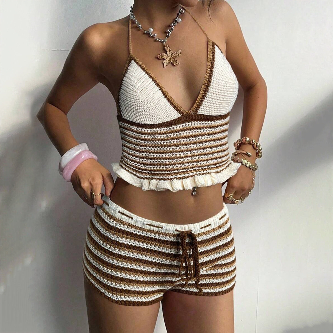 Damen Häkel-Set mit voluminösem Oberteil und Shorts R&B