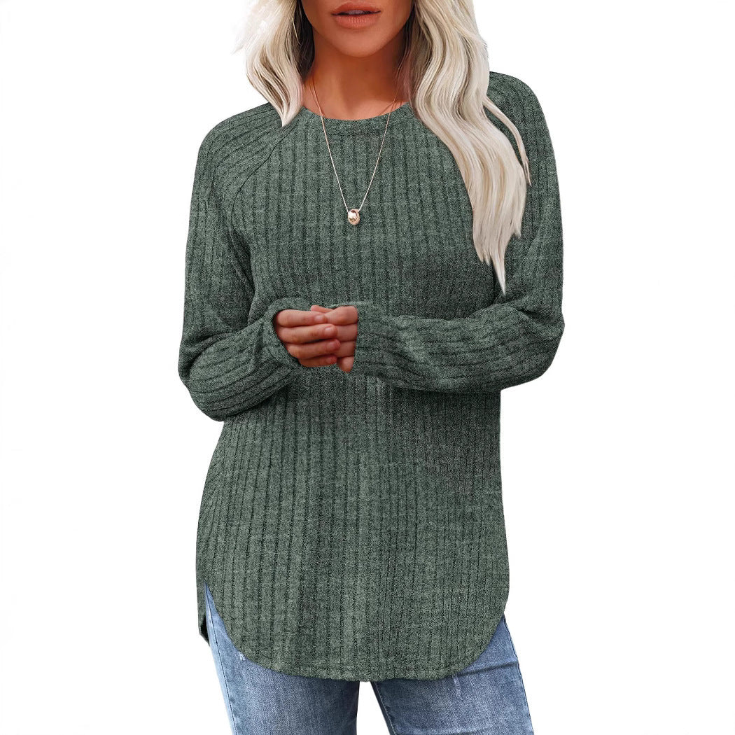 Damen lässiges Rippenstrickshirt mit langem Arm und Seitenschlitzen R&B