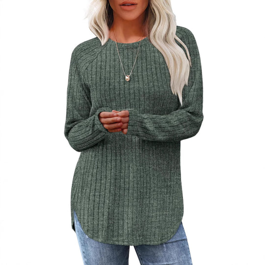Damen lässiges Rippenstrickshirt mit langem Arm und Seitenschlitzen R&B