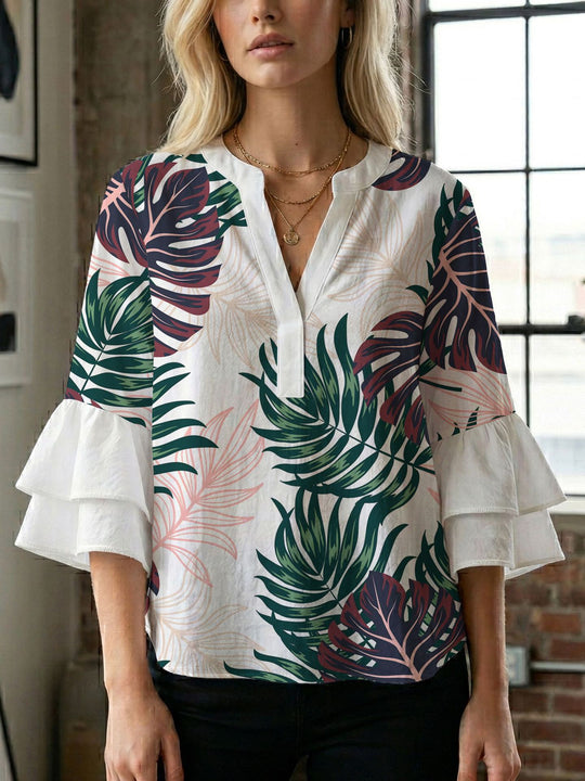 Damen Blusenshirt mit voluminösen Ärmeln und kreativem Druckdesign R&B