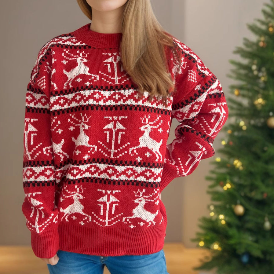Damen weihnachtlicher Strickpullover mit festlichem Rentierdesign und hohem Kragen R&B