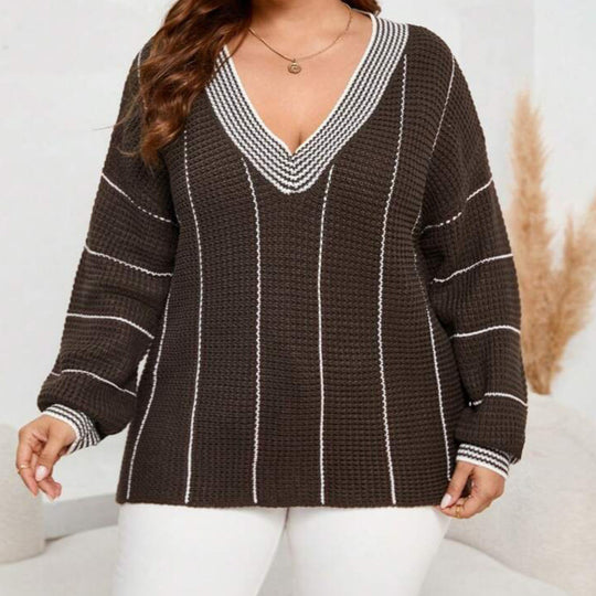 Damen grober Strickpullover mit eleganter V-Ausschnittgestaltung und modischem Streifenmuster R&B
