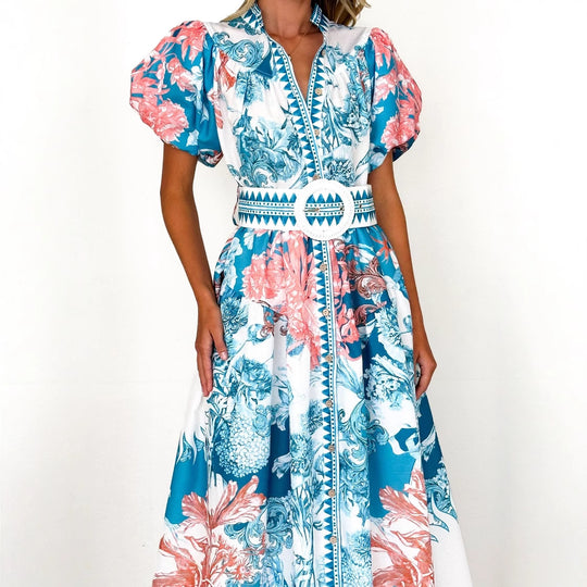 Damen Maxikleid mit voluminösen Puffärmeln und zartem Blumenmuster R&B