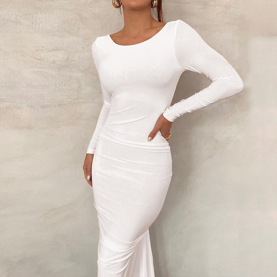 Damen Elegantes figurbetontes Maxikleid mit langen Ärmeln und Rundhalsausschnitt R&B