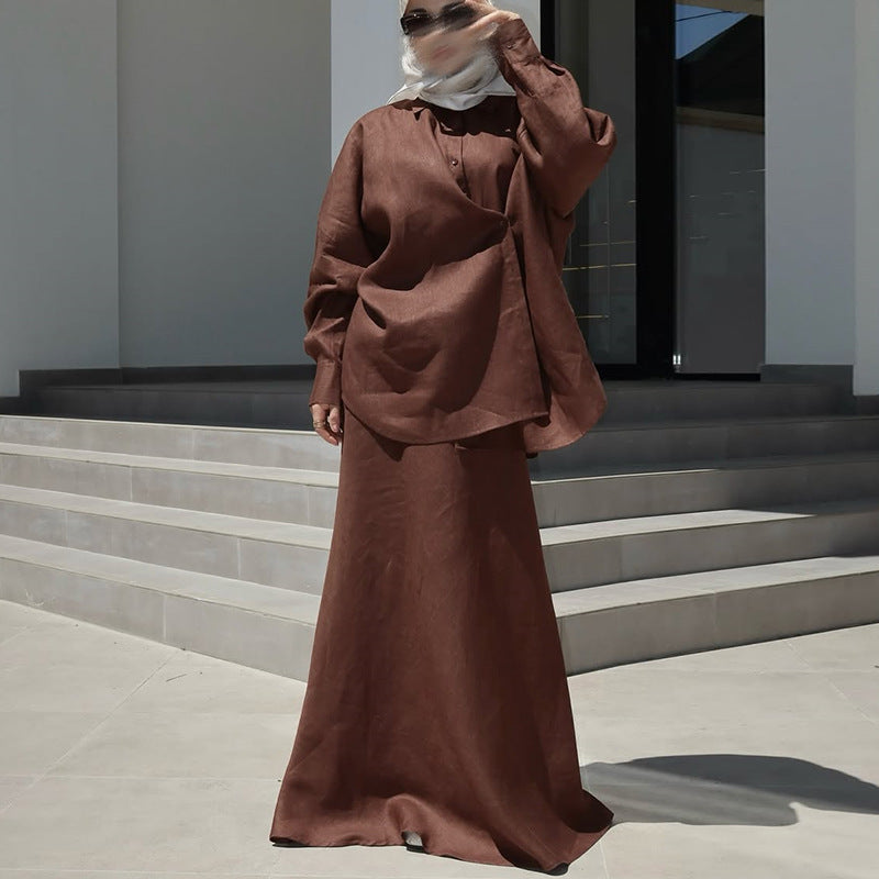 Damen Elegantes Leinen-Dress mit luftiger Bluse und Maxirock R&B