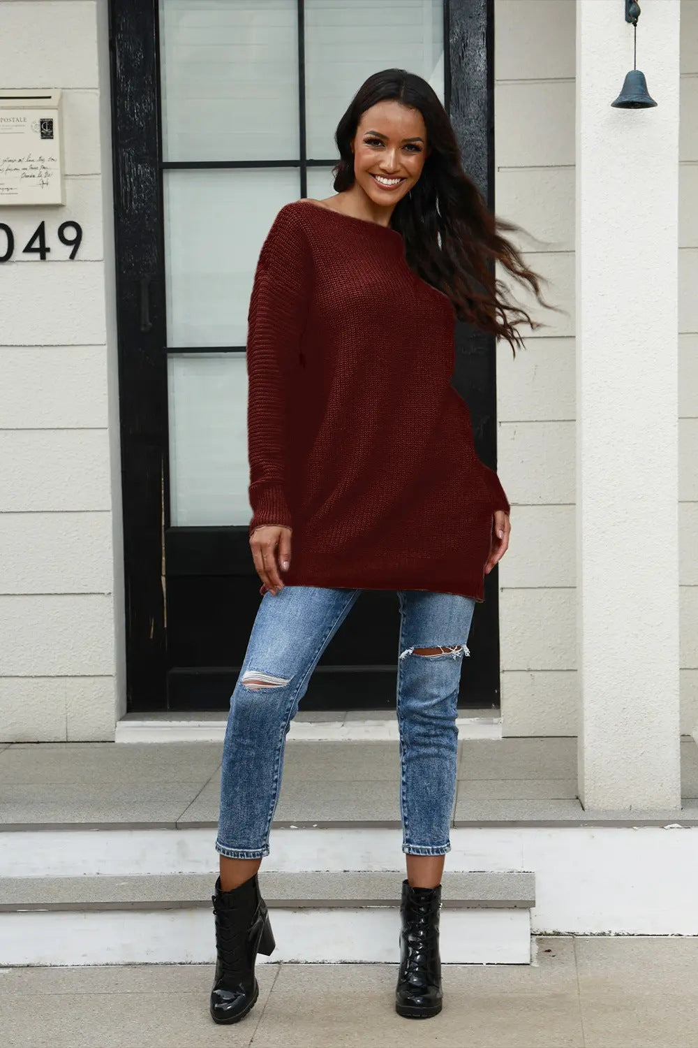 Damen lässiger Strickpullover mit weitem Ausschnitt und Rippstruktur R&B