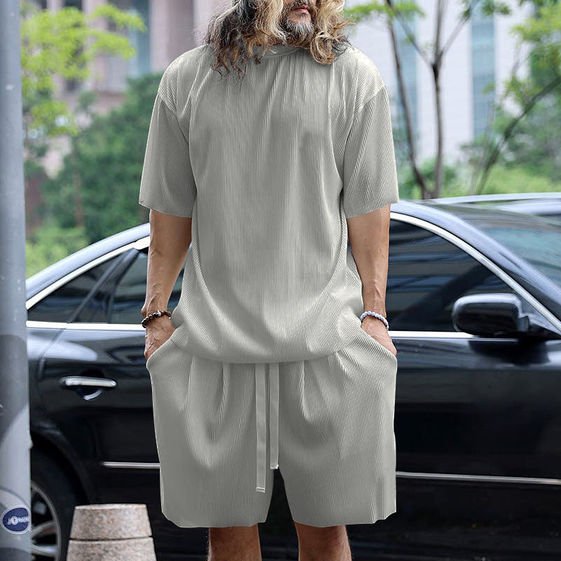 Herren nan modernes geripptes Freizeitset mit weitem Kurzarmshirt und elastischer Tunnelzughose R&B